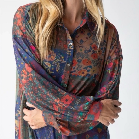 Natural Life Sheer Patchwork Floral Maxi Shirt Dress Coverup Duster Kimono Boho - Picture 5 of 12